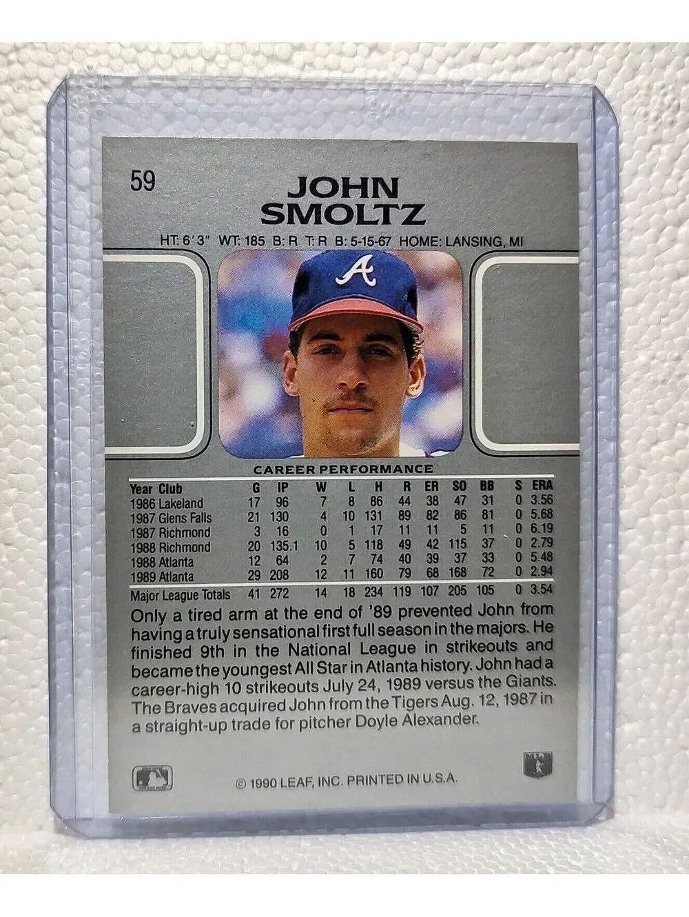 John Smoltz 1990 Leaf MLB #59 Baseball Card Atlanta Braves